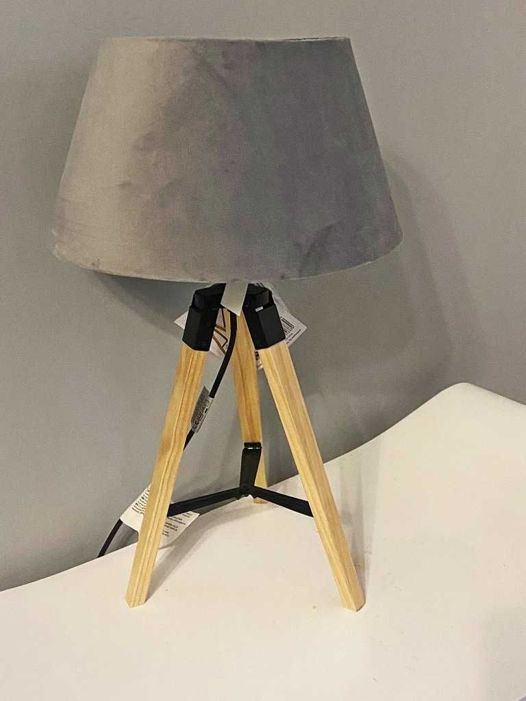 DREWNIANA lampa mini tripod, STATYW, nocna lampka