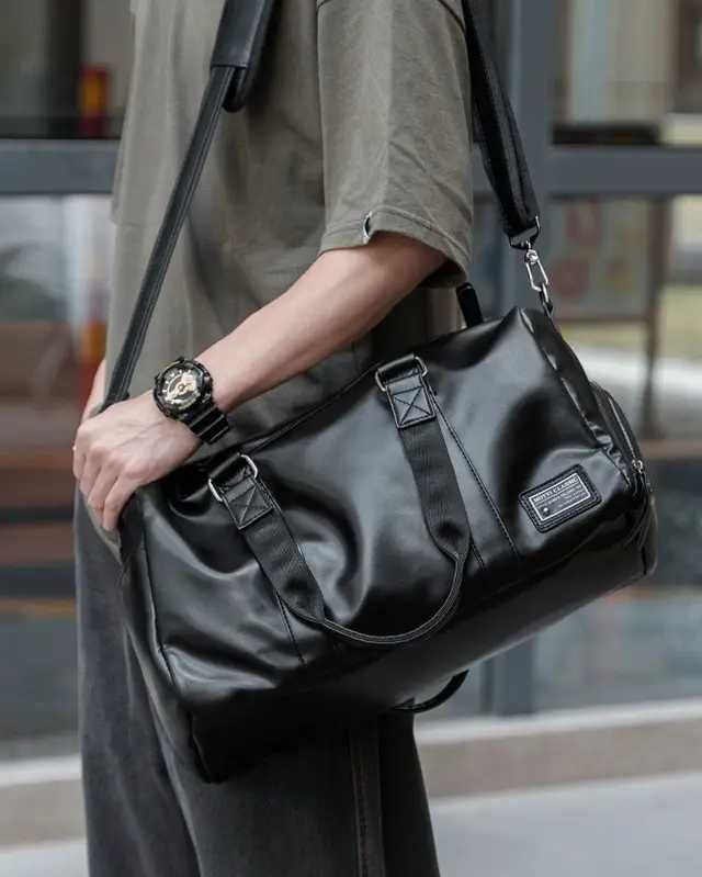 Чоловіча сумка з відділом для взуття з шкіри PU, чорний колір