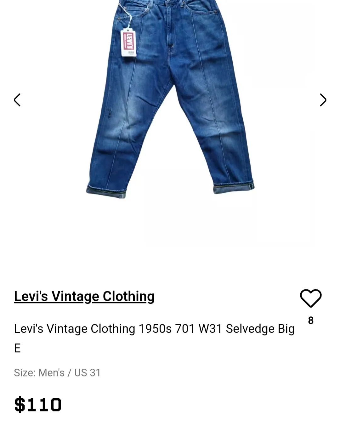 Новые джинсы мом  levis vintage clothing 701 big e selvedge