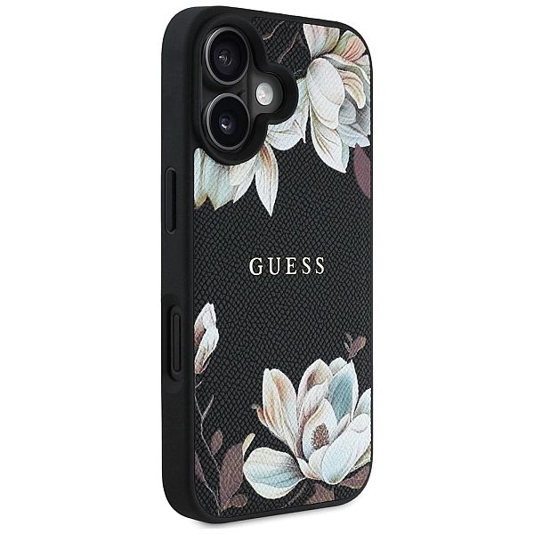Etui Guess Grained Printed Flower Pattern MagSafe do iPhone 16 czarny