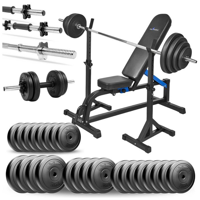 Zestaw siłowy 135kg z ławką treningową i obciążeniem gryf stojaki