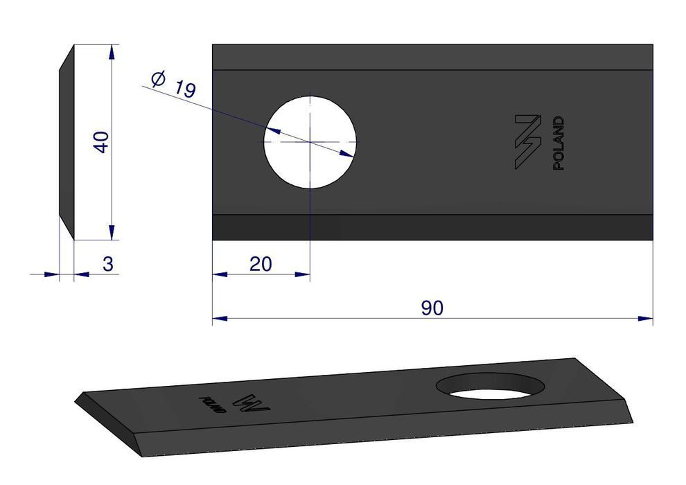 Nożyk kosiarka 90X40X3mm otwór 19 MT 52 Deutz-Fahr WARYŃSKI 25st