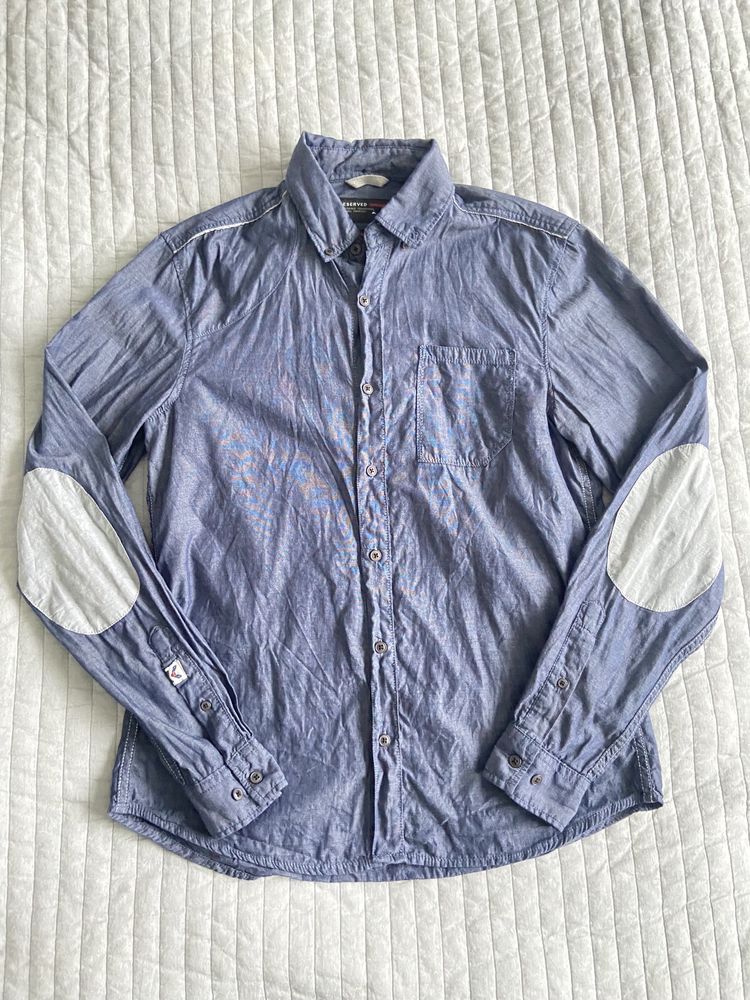 Męska koszula Reserved slim fit S niebieska jak jeans łaty na łokciach