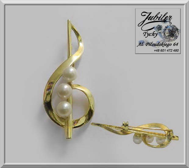 Złota Broszka z perłami w kształcie klucza wiolinowego klucz wiolinowy