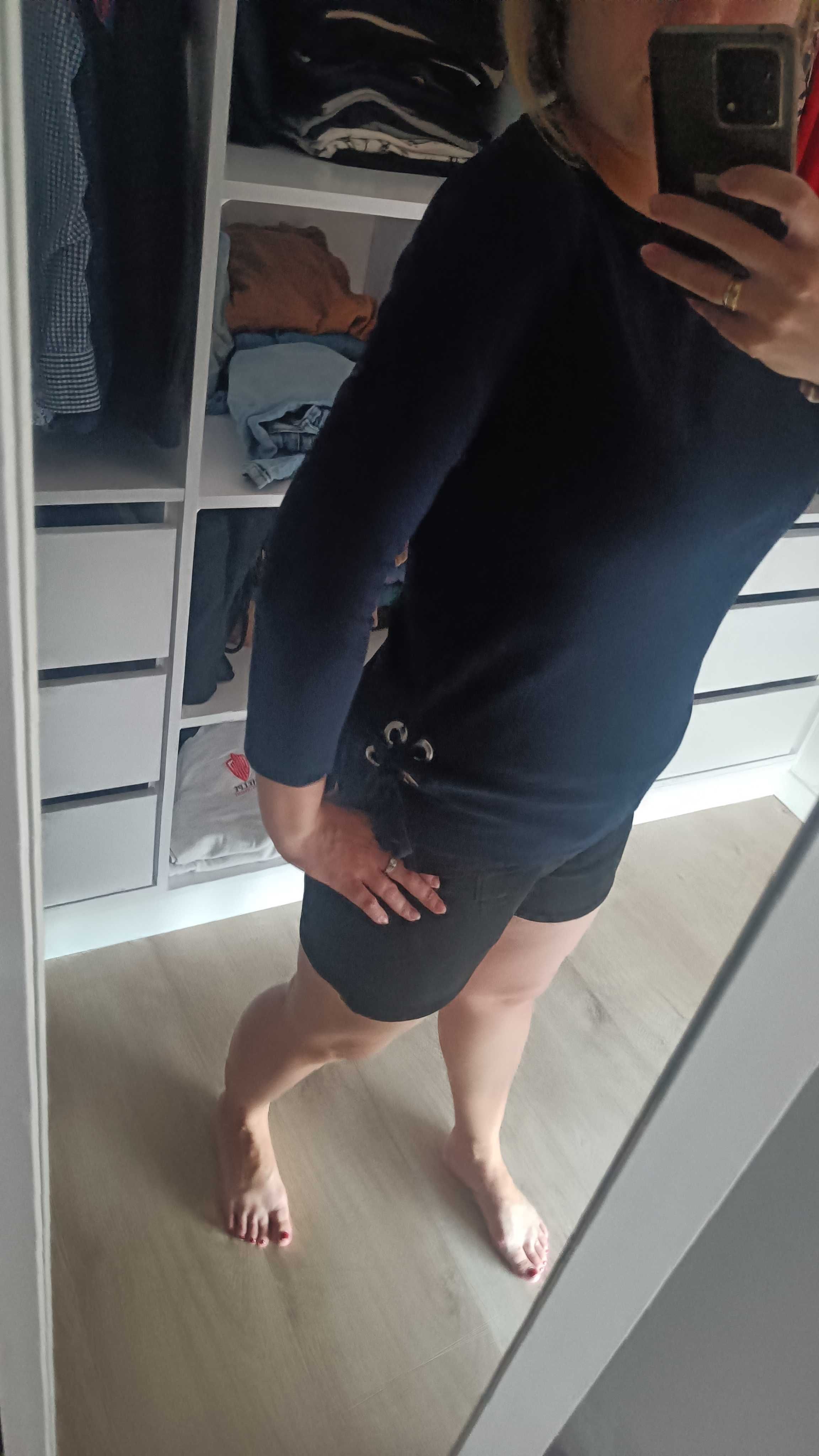 Granatowy sweter z rękawem 3/4, sweter z okrągłym dekoltem Orsay