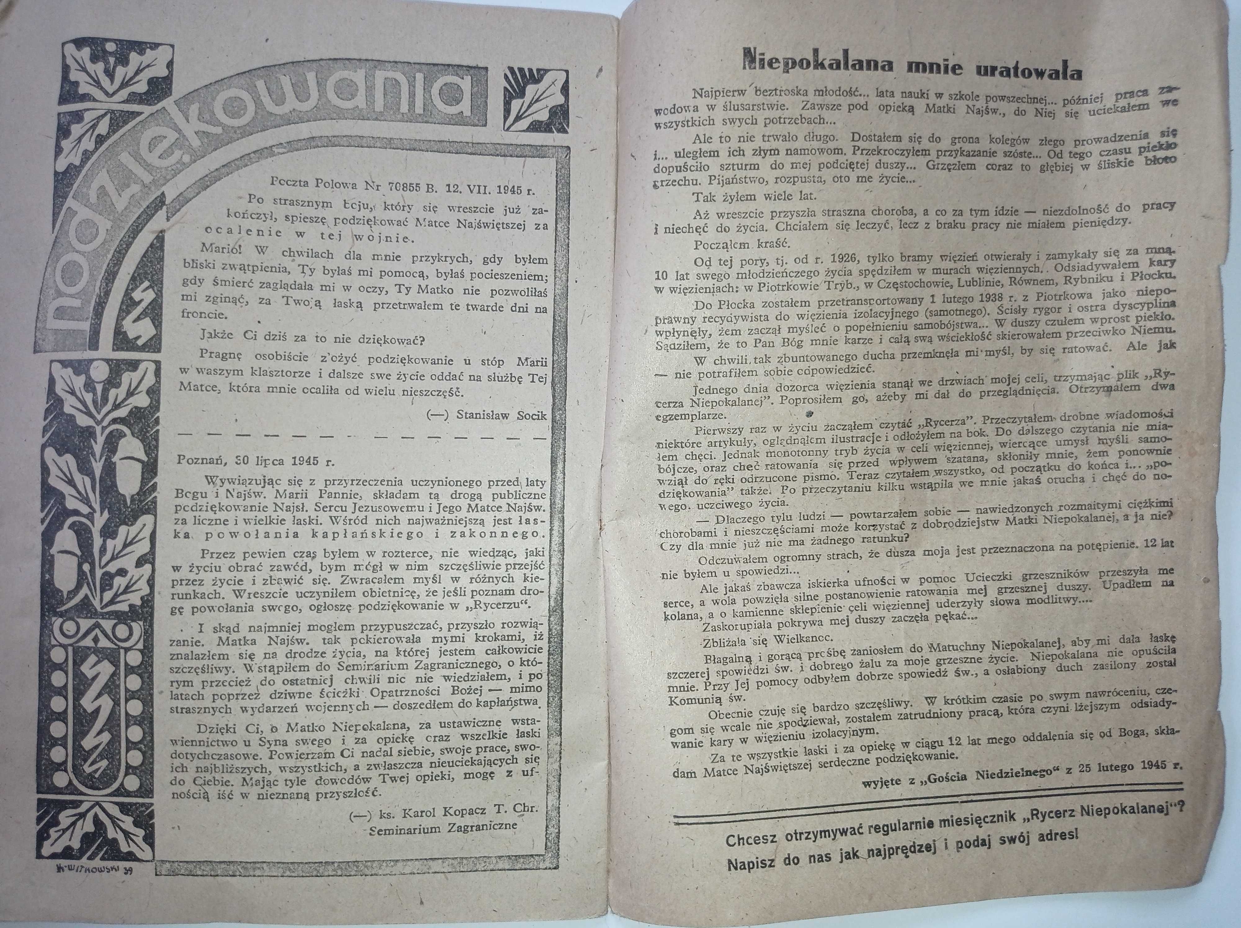 Kalendarz Rycerza Niepokalanej 1938 + Rycerz Niepokalanej 1945