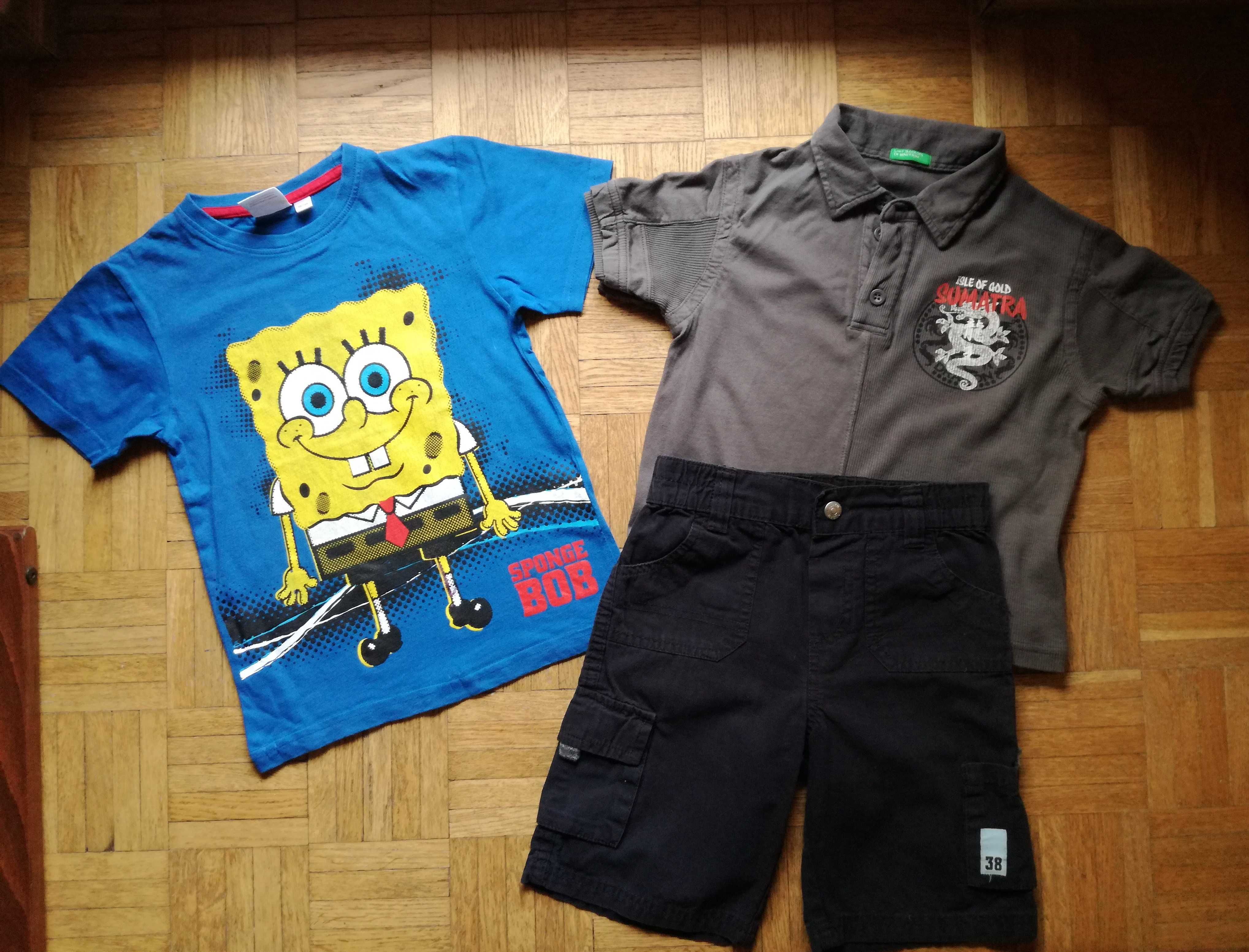 Komplet: t-shirt Sponge Bob i polo Benetton + czarne szorty,  98-104
