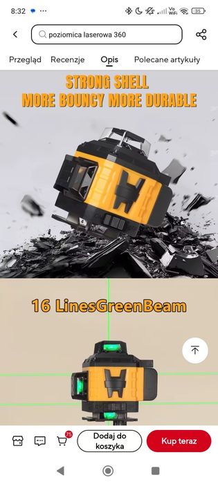 Poziomica laserowa 4d 360,statyw, 2 baterie, walizka,pilot,