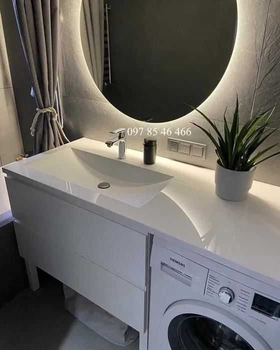 Суцільна мийка і стільниця над пральною машиною + тумба і дзеркало