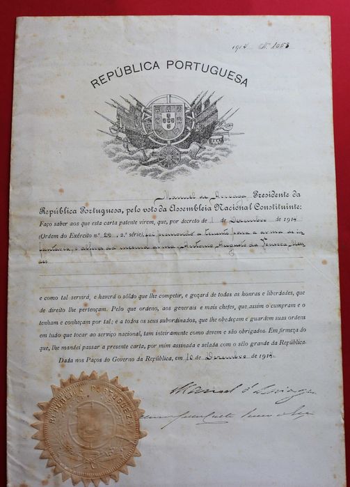Presidente Manuel de Arriga, 1914, carta patente militar com chancela
