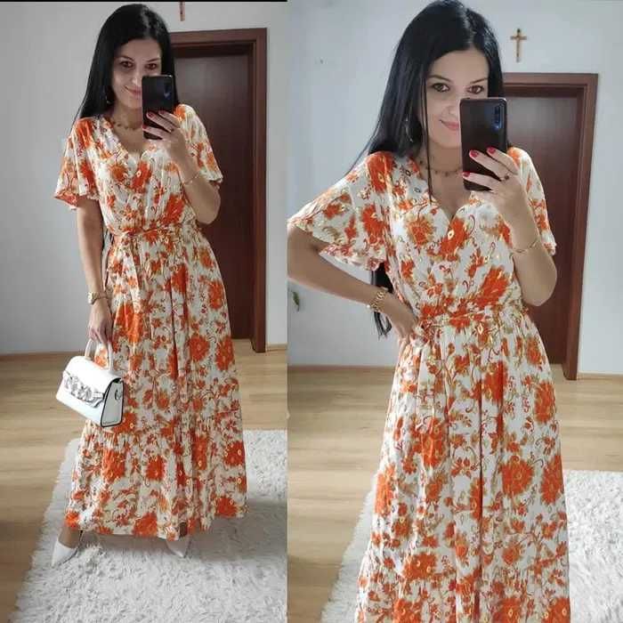 Maxi sukienka z paskiem w pomarańczowe i złote wzory M/L