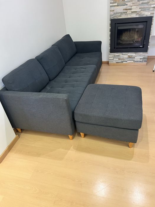 Sofá Cinzento com Chaise/ Puff