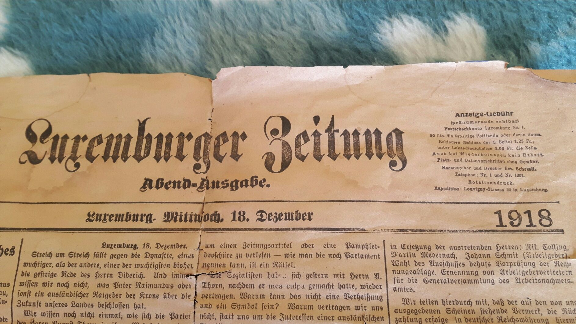 Stara Zabytkowa Gazeta Luksemburg z 1918 roku