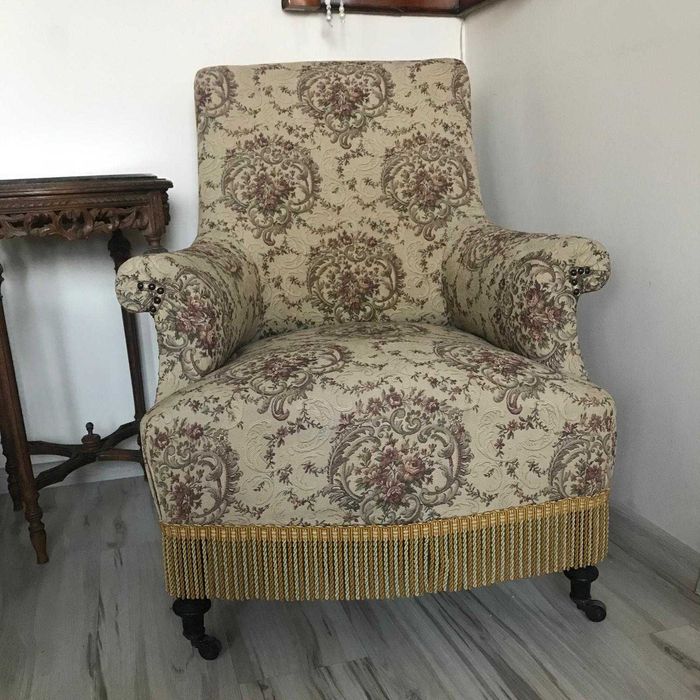 Fotele Antyk Berżera Sprężyny Siano Tapicerowany Kwiaty Frędzle Kółka