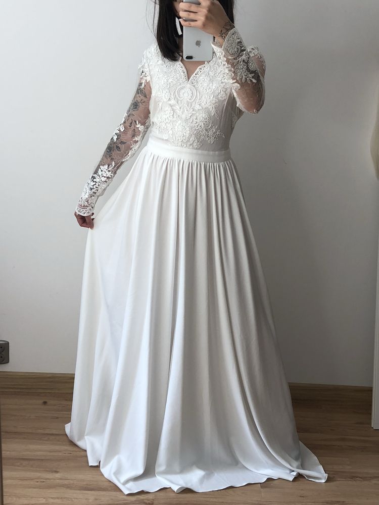Biała długa MAXI suknia ślubna styl boho z rozcieciem na noge EMO 46