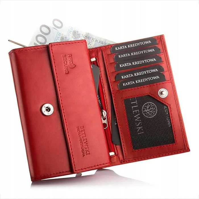 BETLEWSKI Portfel Damski Czerwony Skóra Naturalna Na Karty Dokumenty