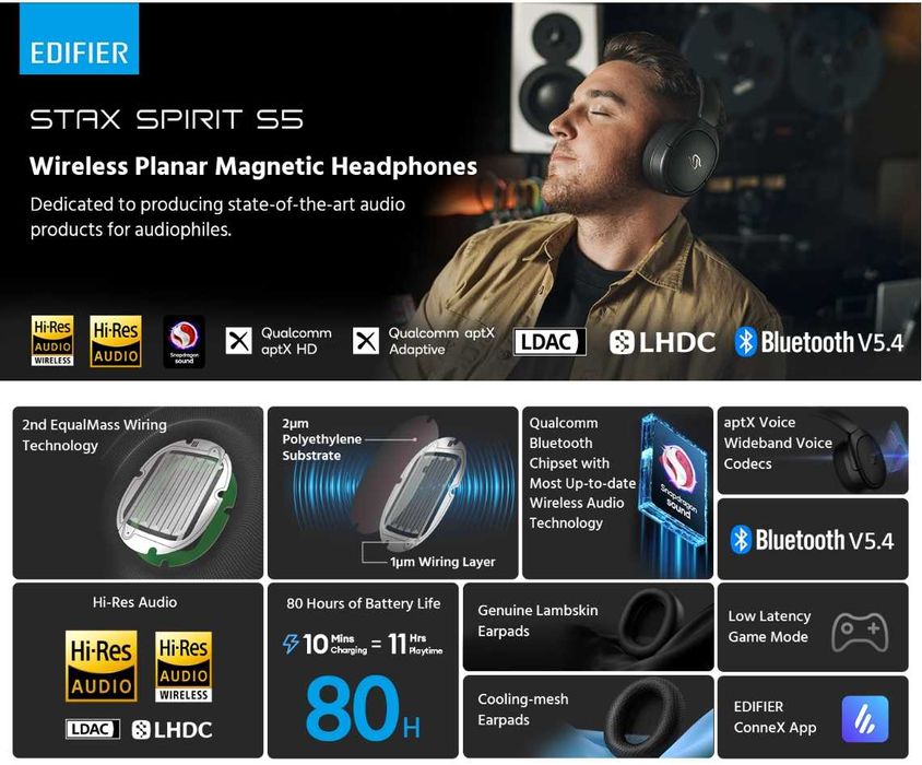 Беспроводные планарные наушники Edifier Stax Spirit S5