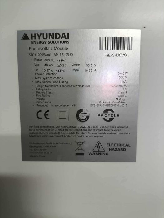 Panele fotowoltaiczne hyundai s400vg Nowe