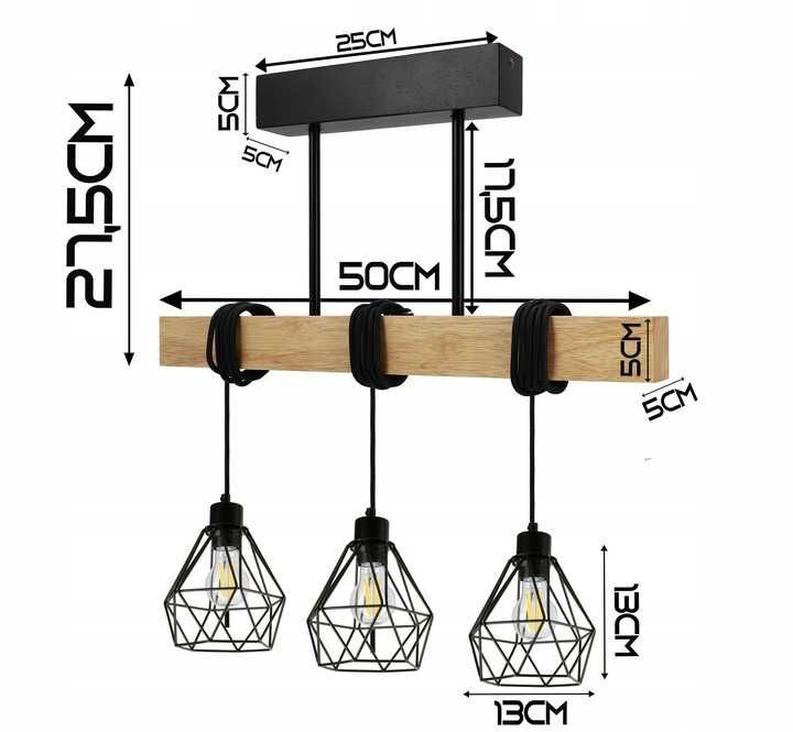 Lampa sufitowa wisząca LED z drewnianą belką i diamentowym wzorem