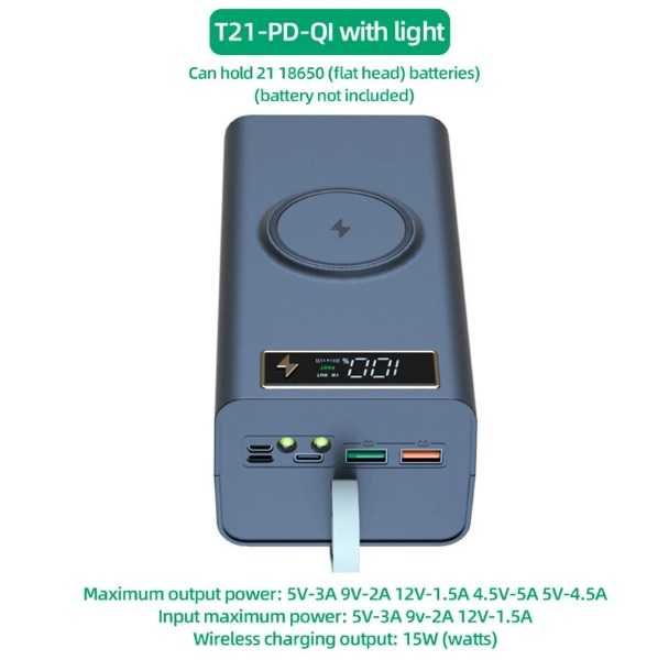 Корпус PowerBank 21*18650 с быстрой, беспроводной зарядкой. T21-PD-QI
