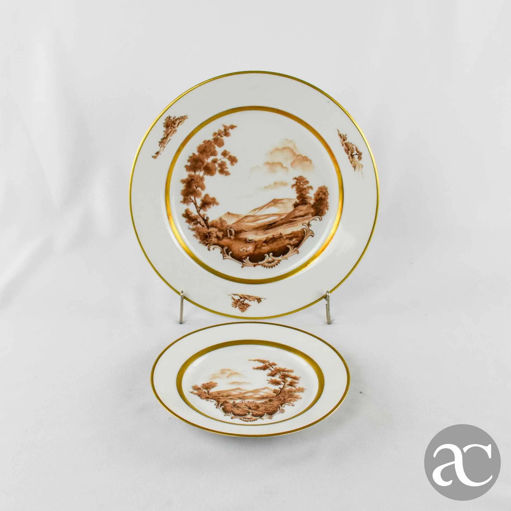 Conjunto de 2 pratos paisagem e frisos em ouro porcelana Artibus