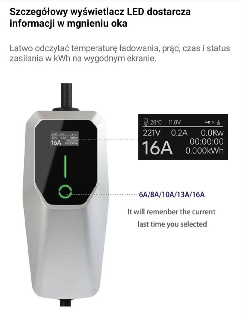 Ładowarka do aut elektrycznych typ 2 230v moc 3,7Kw max 16A