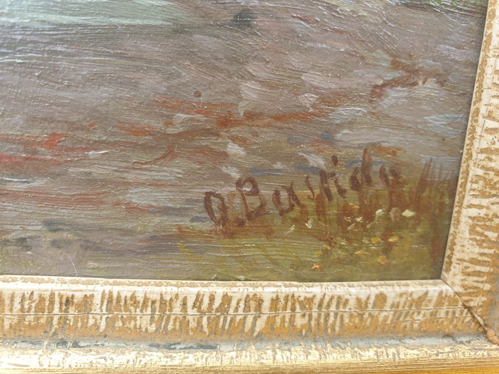 antiga pintura de paisagem marítima em óleo sobre madeira - assinada