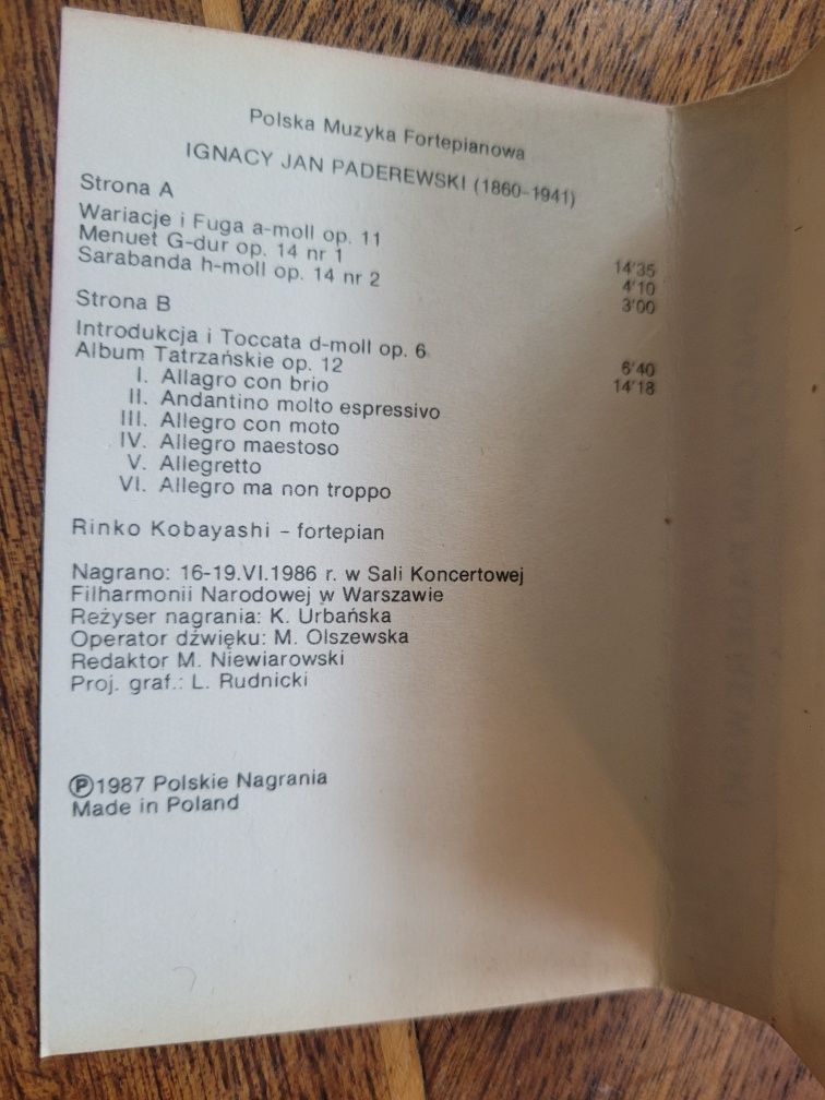 Kaseta MC I.J.Paderewski Rinko Kobayashi 1987 Polskie Nagrania