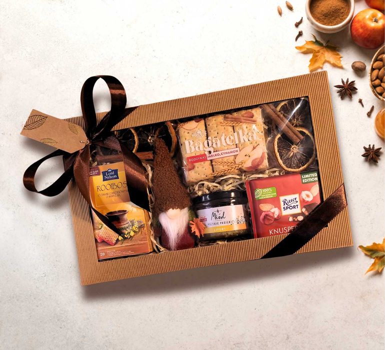 Zestaw prezentowy Jesień  miód krasnal herbata cynamon czekolada