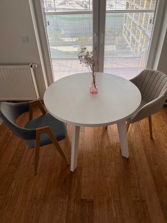 Biały, okrągły, rozkładany stół. Scandi, rustykalny, średnica 100cm
