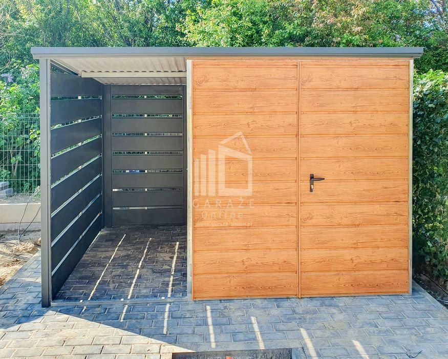 Schowek Domek Ogrodowy 2X2 + Wiata 1,2M Brama Drewnopodobny Dach Id647