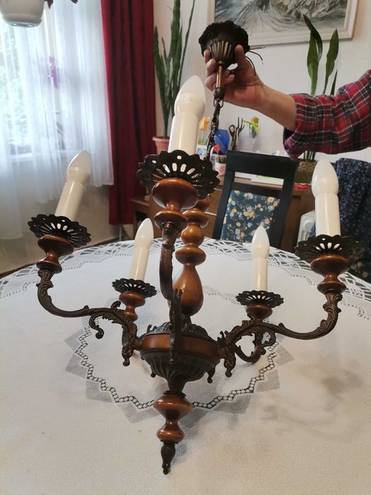 Żyrandol pięcioramienny drewniany vintage PRL