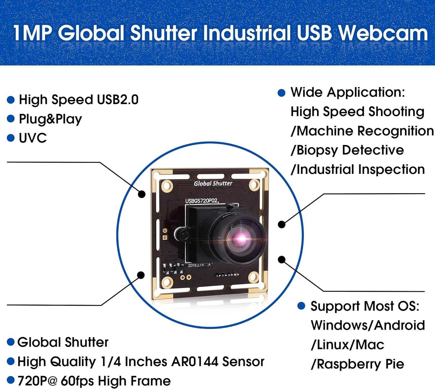 Svpro Global Shutter kamera USB 60fps, 720P AR0144 UVC, obiektyw M12