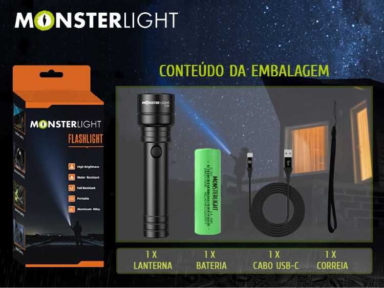 kIt lanterna tática Monsterlight C20 com bateria recarregável