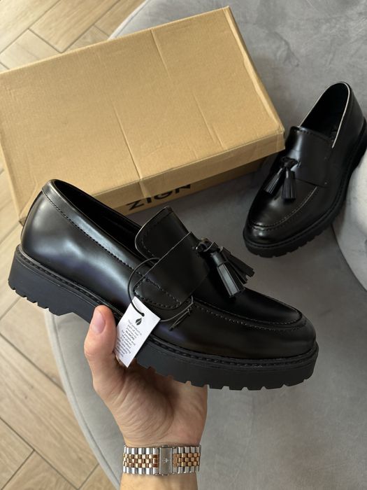 Oryginalne Skórzane Półbuty Damskie Zign Wsuwane Czarne na Platformie