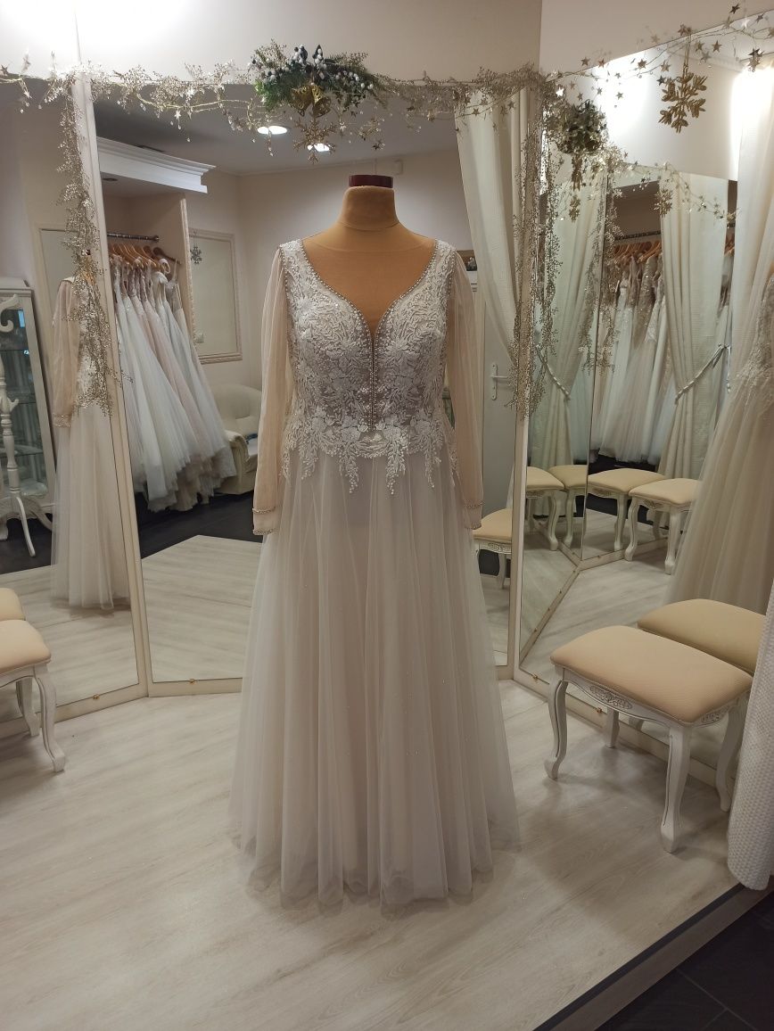 Suknia ślubna plus size 48 50 52 NOWA brokatowy ivory beż długi rękaw
