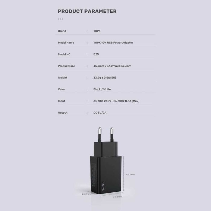 Ładowarka Sieciowa TOPK 10W USB Zrównoważone Ładowanie Urządzeń Czarna