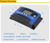 Controlador de carga sol mpp 100a display lcd usb duplo 12v 24v
