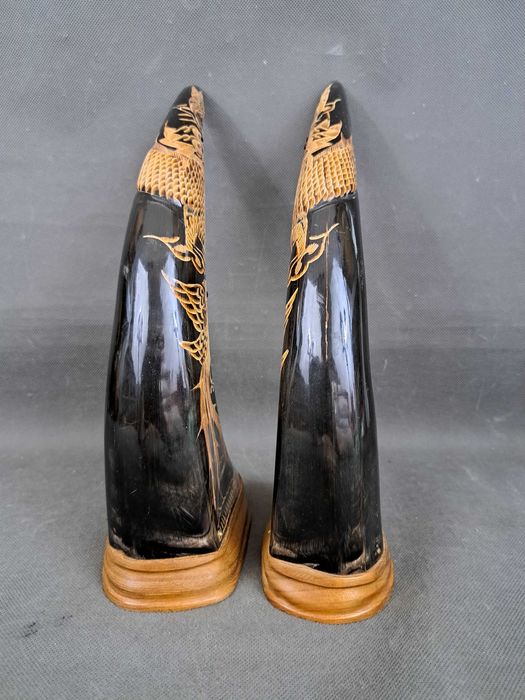 Chińskie rogi bawole, para, rzeźbione