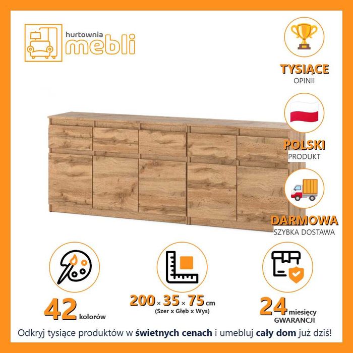 Komoda Duża Best Oleksa 200cm Nowoczesna Szafka Z 5 Szufladami Pojemna