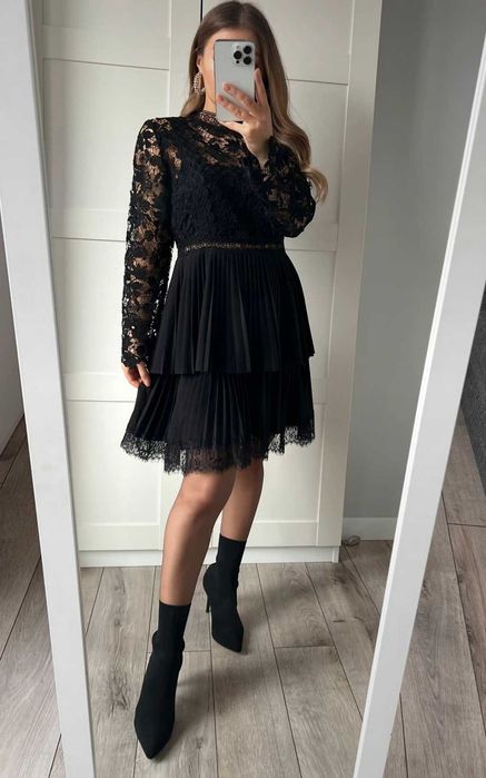 Zara czarna plisowana sukienka MIDI na wesele koronkowe wstawki L