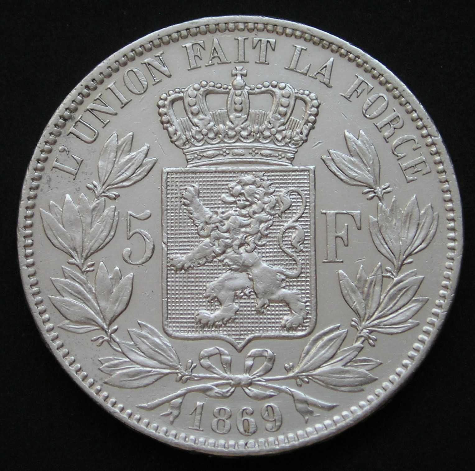 Belgia 5 franków 1869 - król Leopold II - srebro