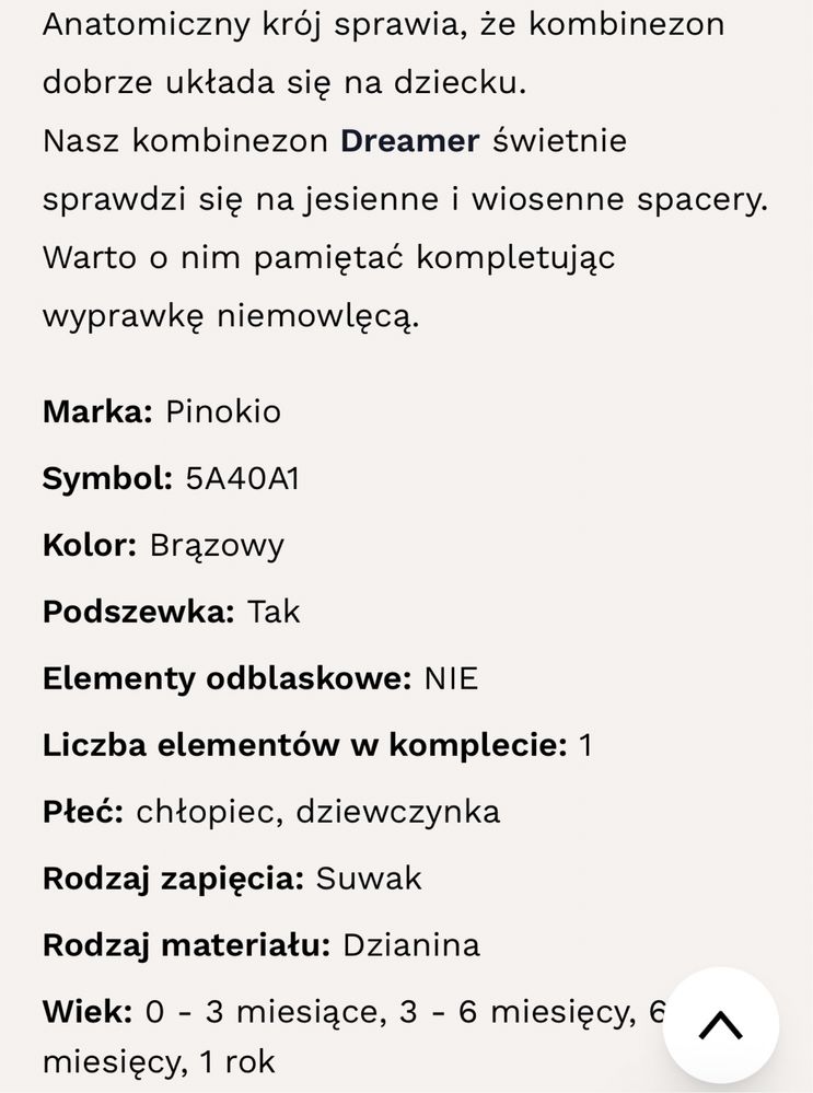 Bawełniany kombinezon niemowlęcy Pinokio dreamer 74 cm