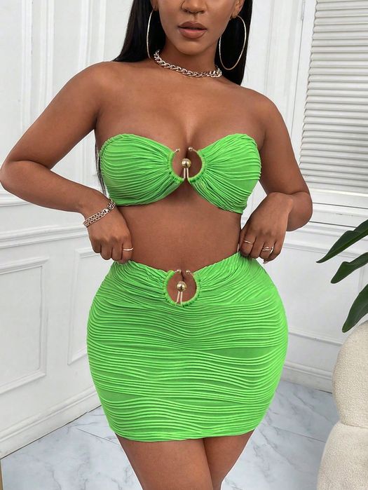 Komplet Sexy Teskturowany Top Crop + Spódniczka Ołówkowa S 36