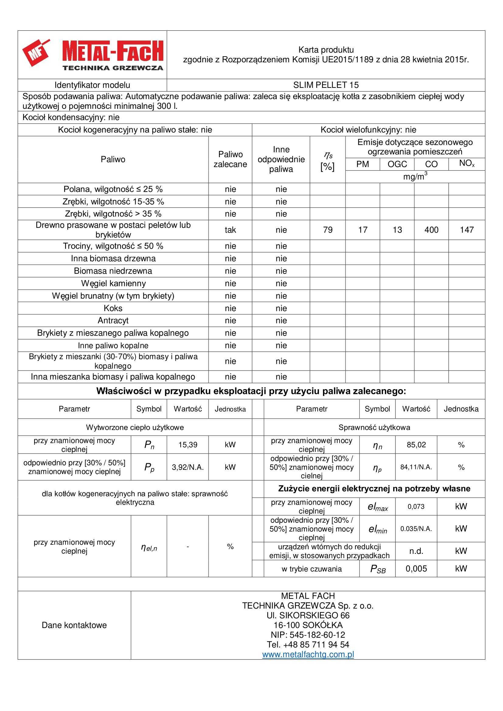Kocioł pellet METAL-FACH Slim Pellet 15 kW