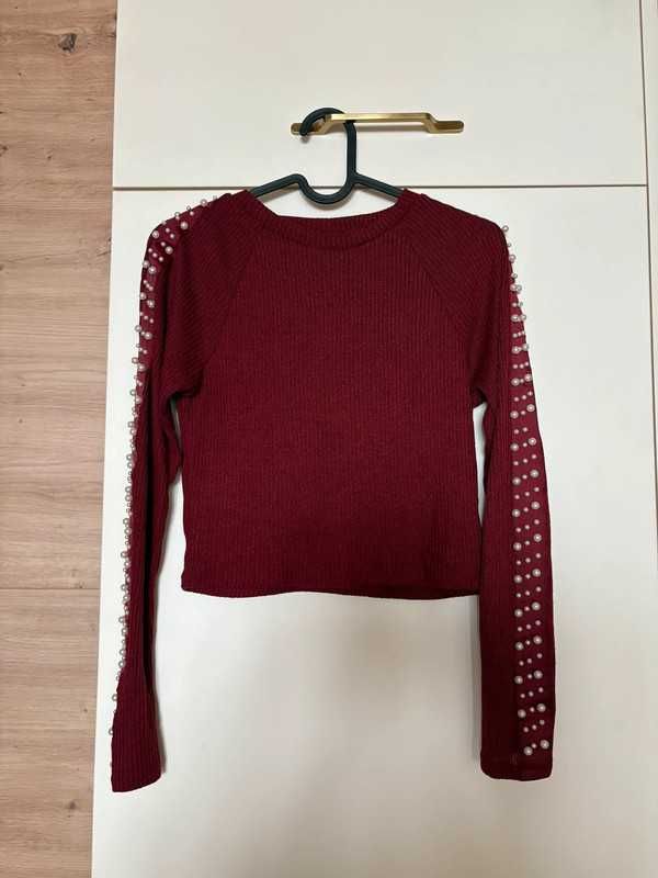 Bordowa prążkowana bluzka z perełkami H&M XS 34