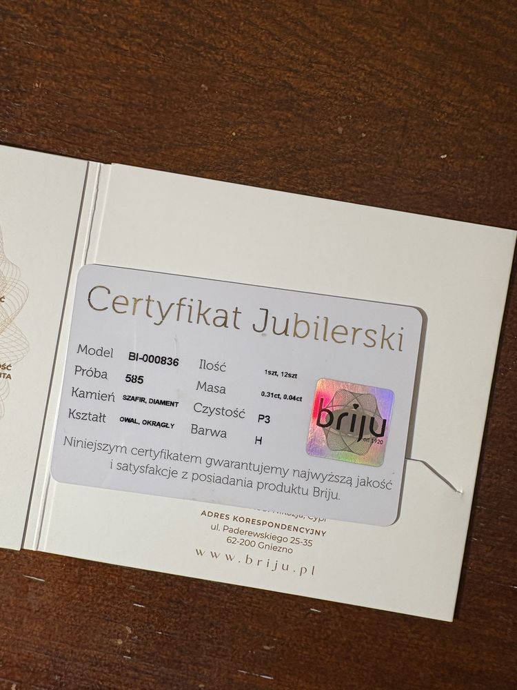 Pierścionek zaręczynowy Briju rozmiar 13 złoto 585 szafir i diamenty