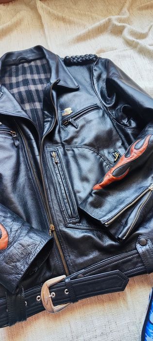 Kurtka skórzana czarna płomienie pasek gruba motocyklowa alternative o