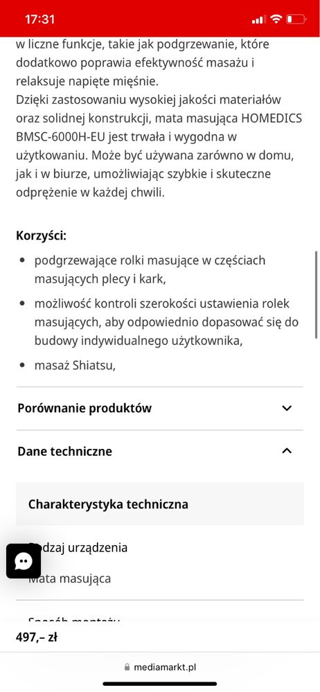 Mata masująca HOMEDICS BMSC-6000H-EU