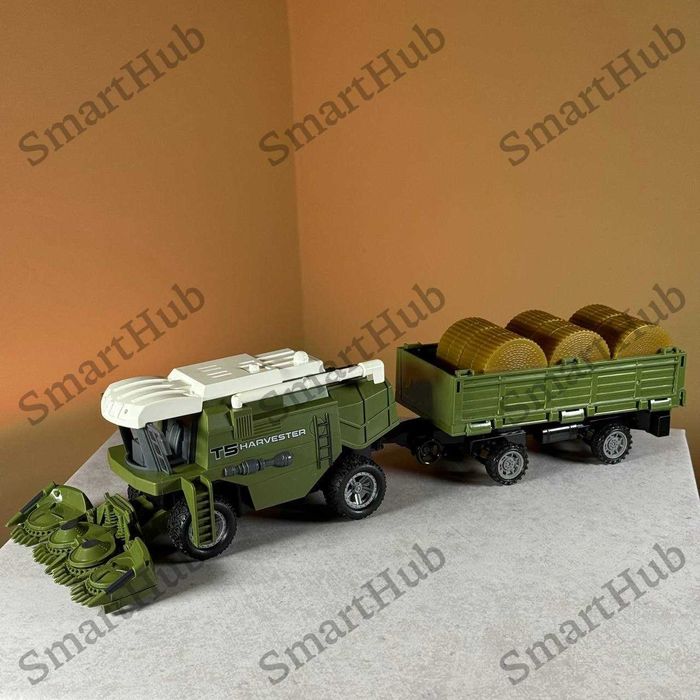 Комбайн на пульті управління Harvester з причепом та сіном. Трактор